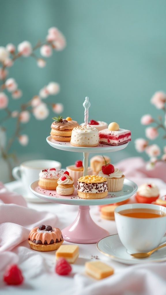 A display of petite desserts on a tiered stand, surrounded by a cup of tea and soft pink linens.