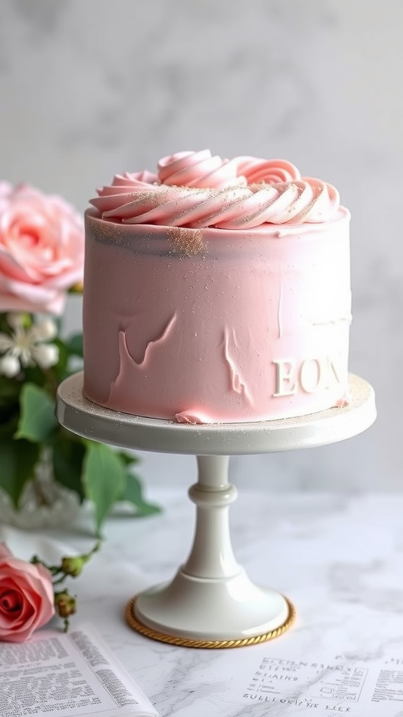 A beautifully decorated pink champagne cake with swirls of pink frosting on top.