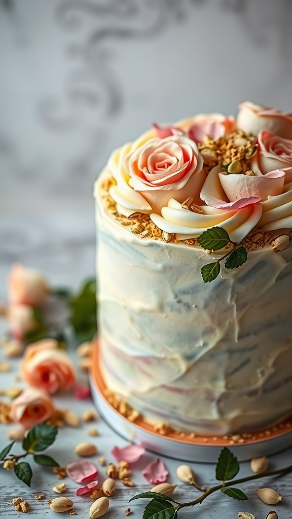 A beautifully decorated Pistachio Rose Cake with floral rose decorations and pistachios scattered around.