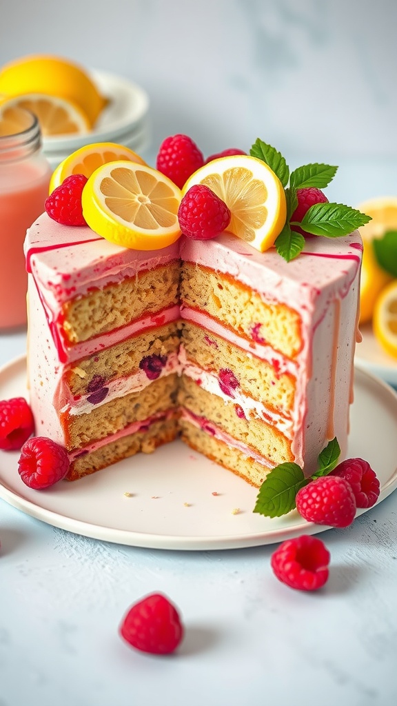 A Raspberry Lemonade Layer Cake with fresh raspberries and lemon slices on top.