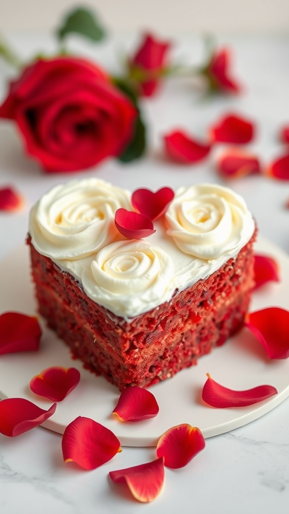 A heart-shaped red velvet cake topped with white frosting and rose decorations, surrounded by rose petals.