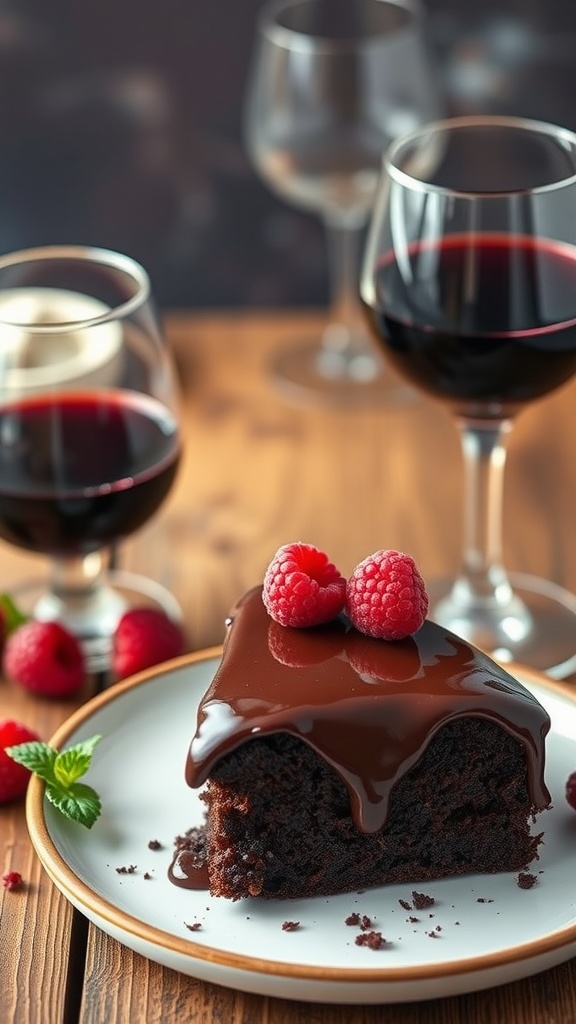 A slice of red wine chocolate cake topped with chocolate ganache and raspberries, placed on a wooden table with glasses of red wine in the background.