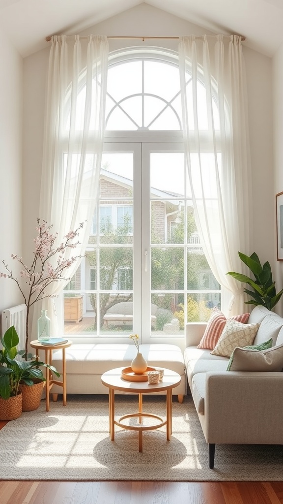 Light and airy living room with large windows and soft white curtains, decorated with plants and cozy seating.