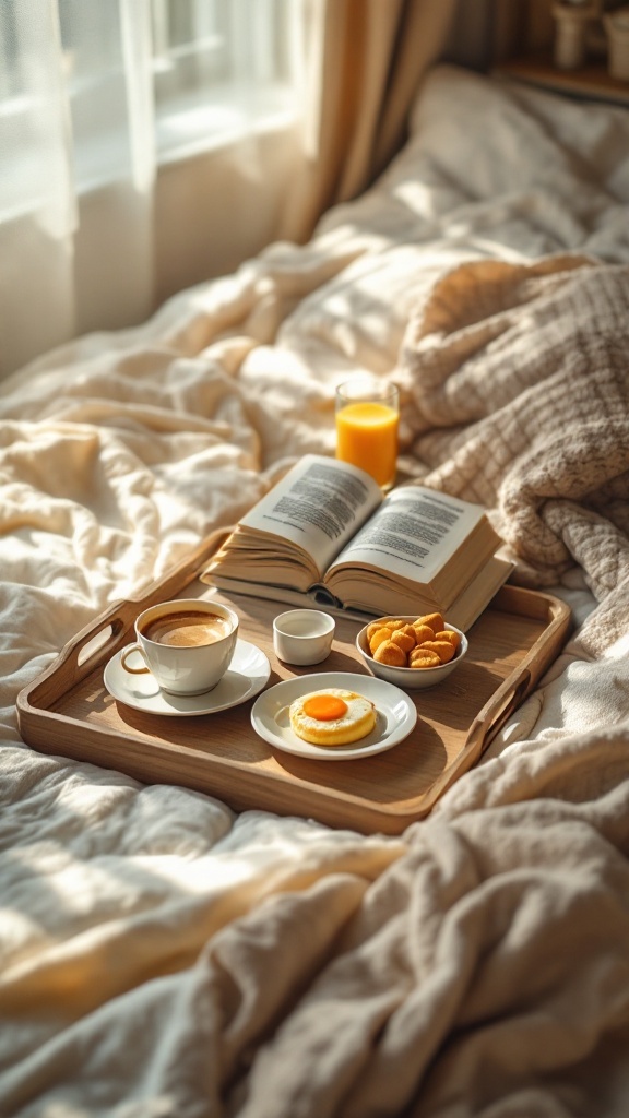 A cozy breakfast in bed scene with coffee, orange juice, and an open book on a tray.