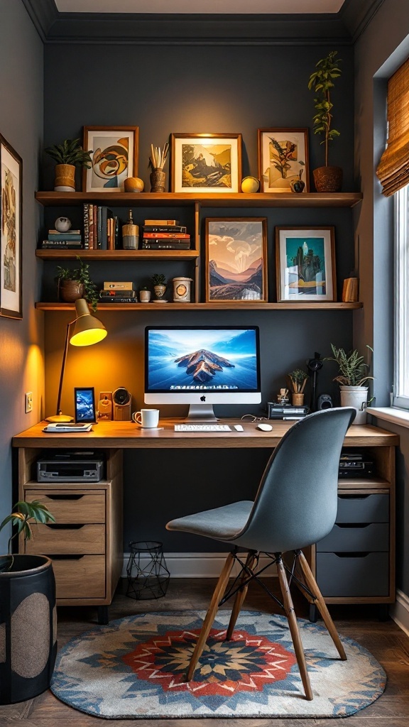 A small home office featuring a desk, computer, red chair, wall art, and plants