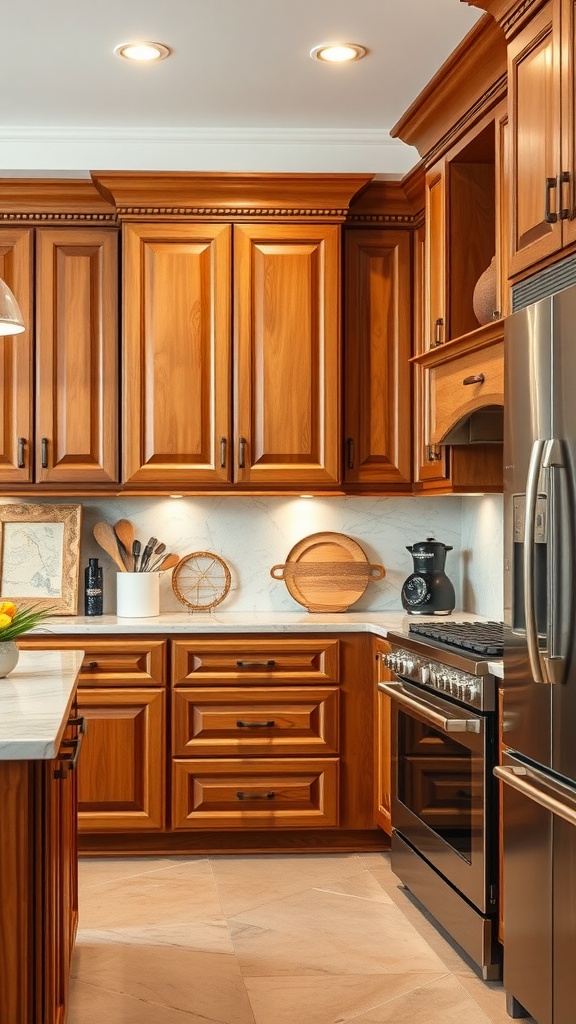 Kitchen with Rich Biscotti colored cabinets and modern appliances