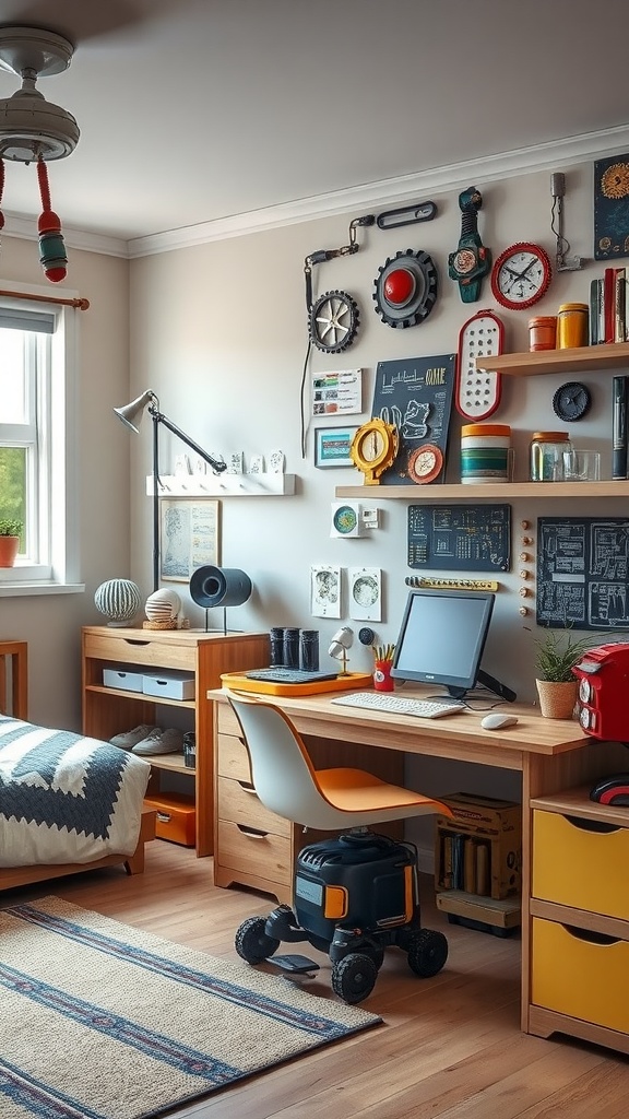 A cozy boy's bedroom designed as a robot workshop, featuring colorful decor and a workspace.