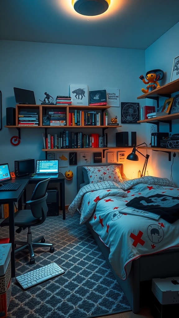 A stylish boy's bedroom featuring a coding desk, cozy bed, and tech-inspired decor.