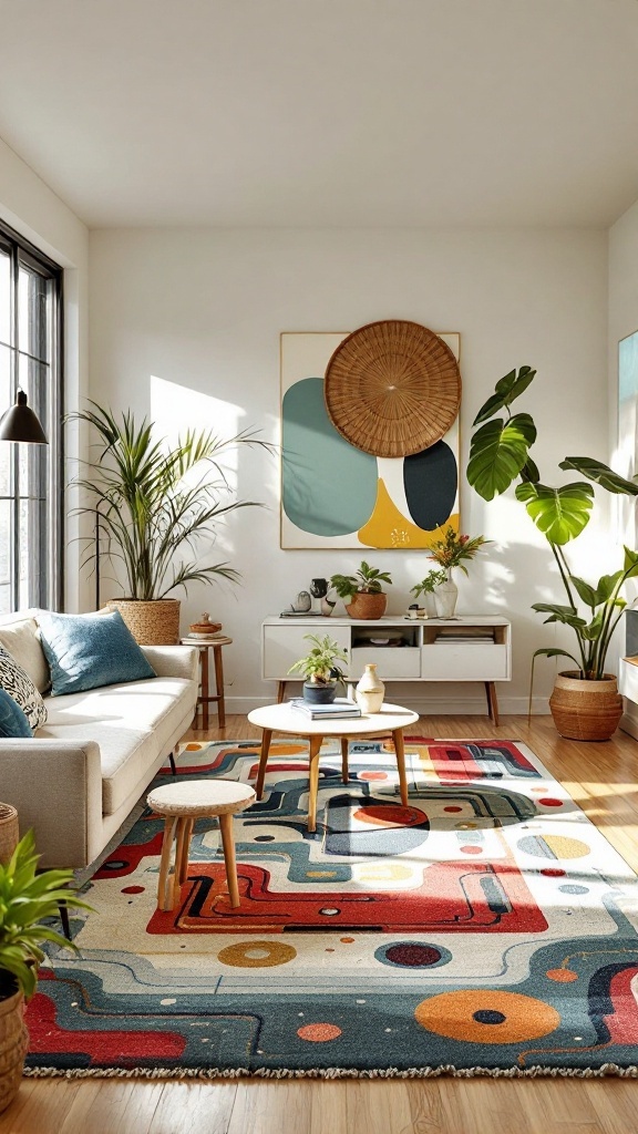 A colorful, patterned area rug in a modern living room with gray sofas and wooden furniture.