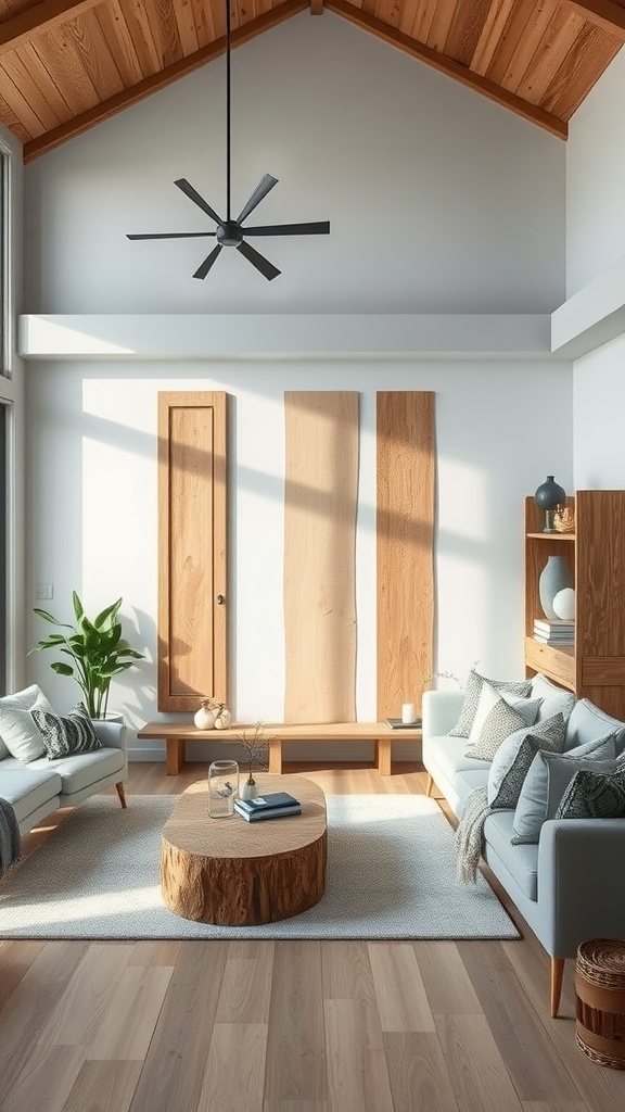 A blue boho living room featuring rustic wood elements, including a wooden ceiling, furniture, and a round coffee table.