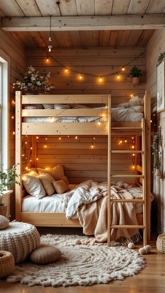 A cozy rustic wooden loft bed with soft bedding, surrounded by decorative lights and natural elements.