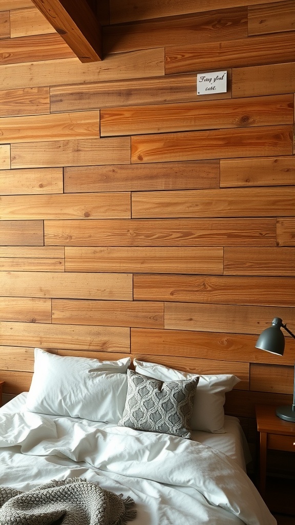 Cozy bedroom with rustic wooden plank wall and simple decor