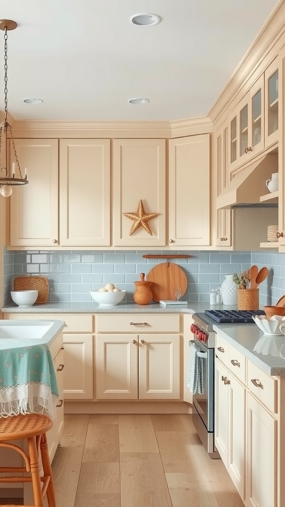 A kitchen with sandy beige cabinets, light blue backsplash, and beach-themed decor