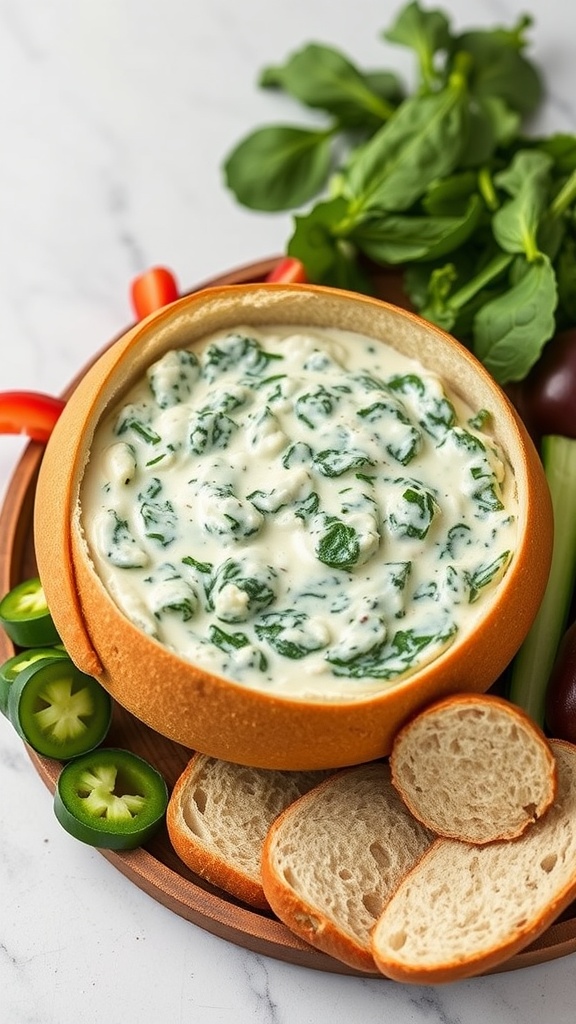 A bowl of creamy spinach and artichoke dip with slices of bread and fresh vegetables on the side.