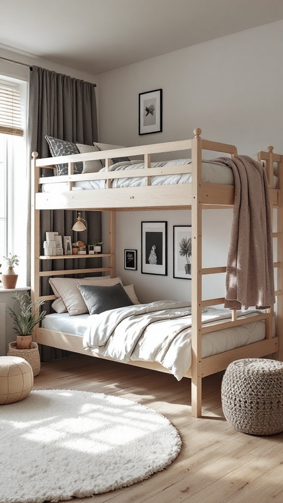 Scandinavian inspired loft bed in a small room with natural light and stylish decor.