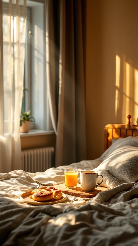 A cozy breakfast in bed scene with natural light coming through a window, showcasing a tray with food and drinks.