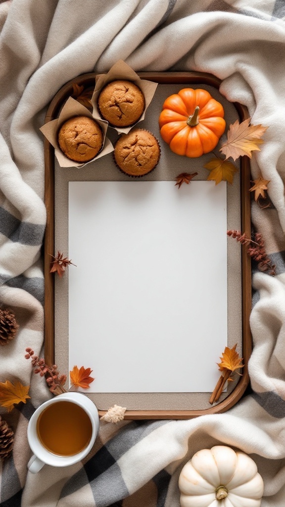 A cozy breakfast in bed scene featuring pumpkin muffins, tea, and autumn leaves.