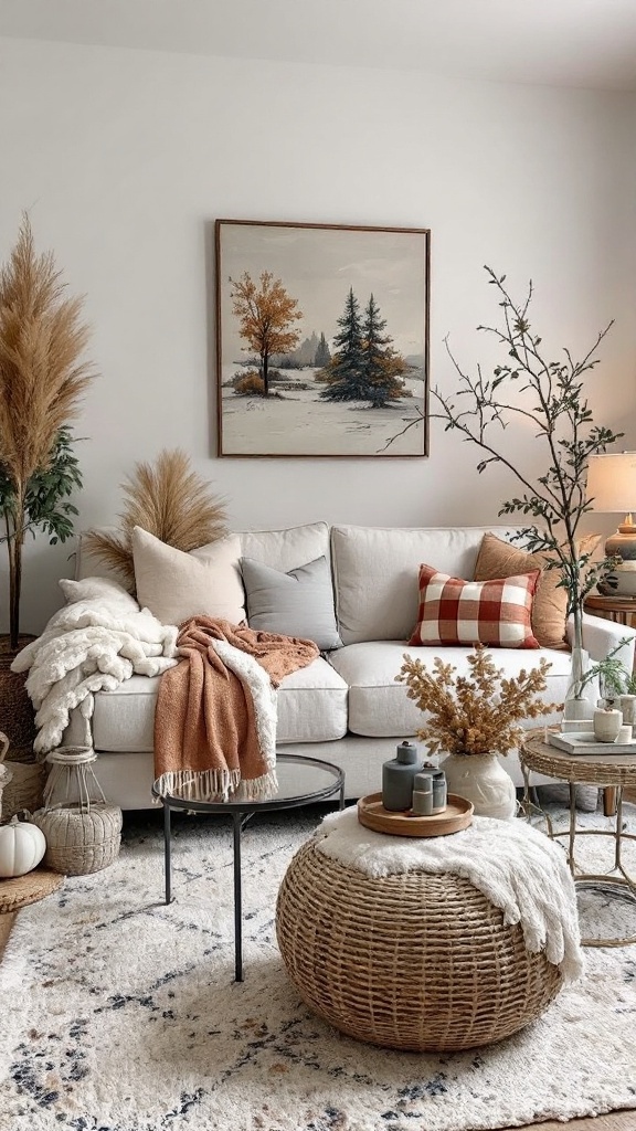 A cozy Boho Mid-Century Modern living room with seasonal decor including a Christmas tree and warm accents.