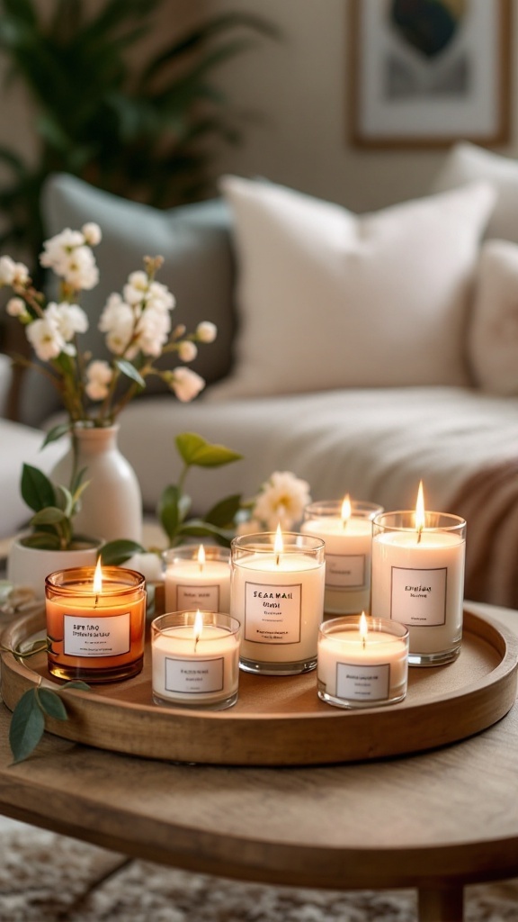 A cozy living room with various scented candles on a coffee table, creating a warm atmosphere.