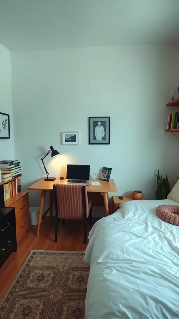 A cozy small home office with a desk, computer, and a bed in the same space, creating a multi-functional workspace.