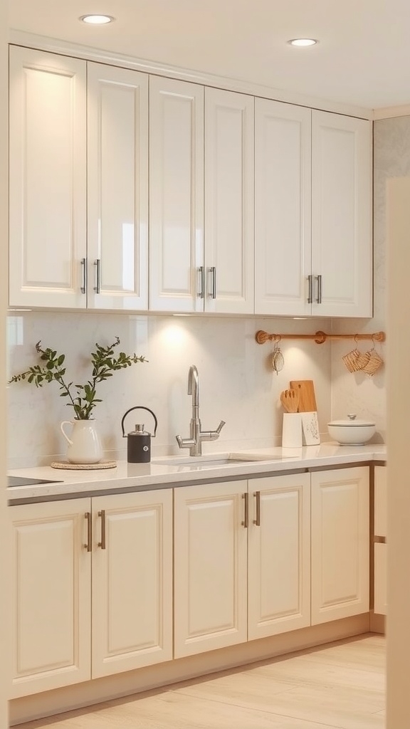 A kitchen with Silky Almond cabinets, featuring modern hardware and a bright, inviting atmosphere.