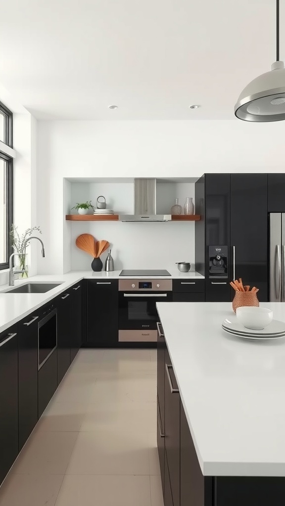 Modern kitchen with black cabinets, white countertops, and open shelving