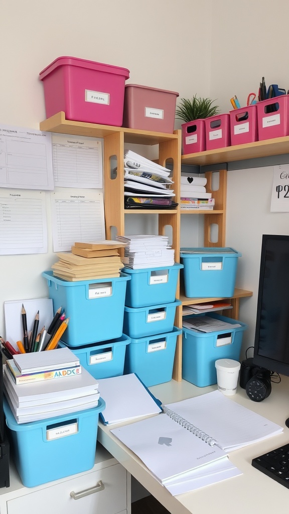 A small home office with colorful storage bins, organized papers, and a clean desk setup.