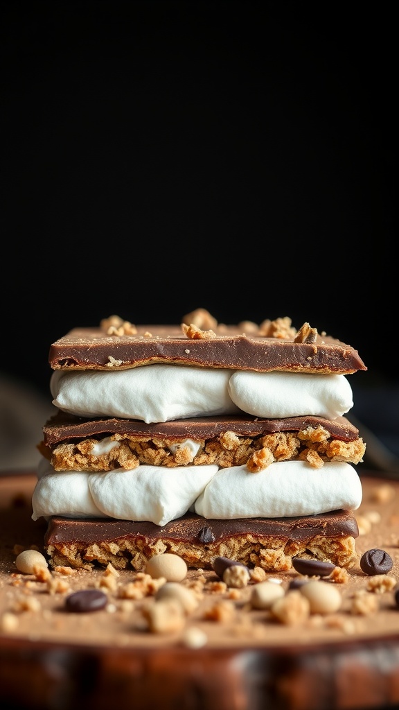 A delicious s'mores cake with layers of chocolate and marshmallow.