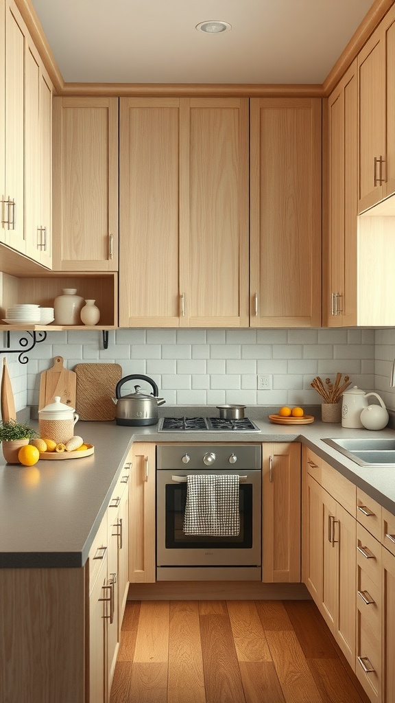 A kitchen featuring soft latte beige cabinets with a gray countertop and white subway tiles.