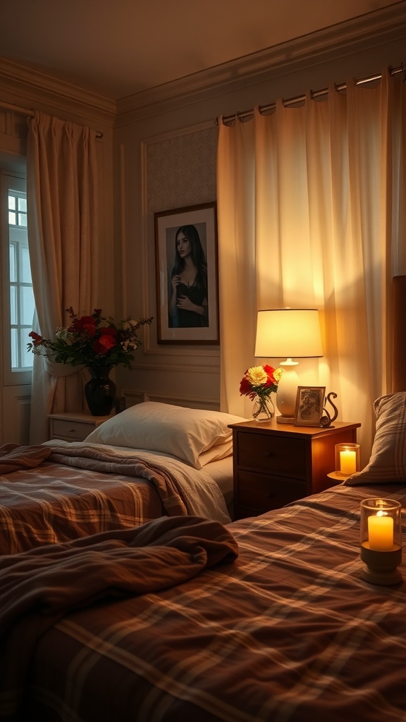 A cozy bedroom with soft lighting from a lamp and candles, featuring neutral decor and warm colors.