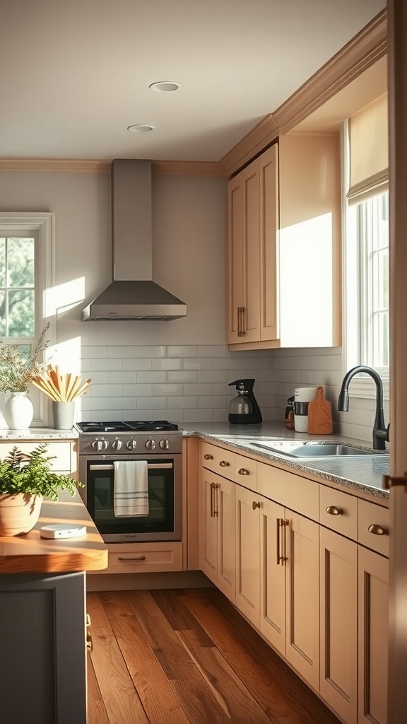 A warm kitchen featuring soft taupe cabinets, natural light, and hardwood floors