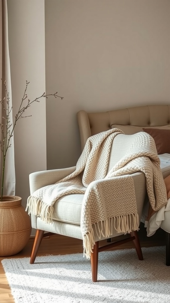 A cozy bedroom featuring a soft textured throw on a chair, with neutral decor elements.