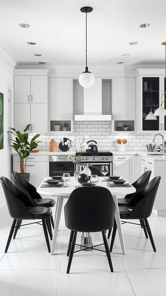 Modern kitchen with a sophisticated dining area featuring black and white decor.