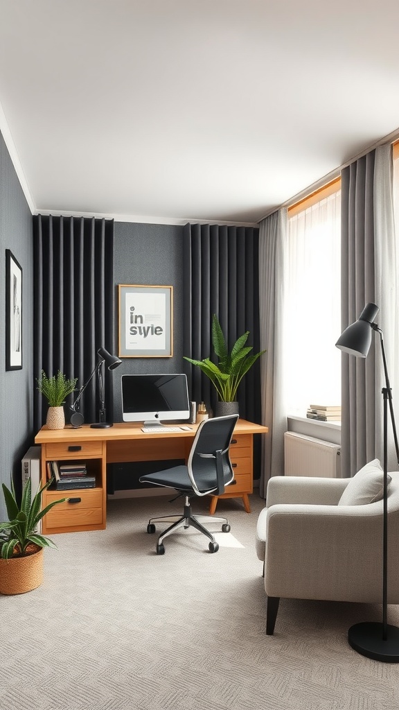 A cozy small home office with a desk, chair, and plants, featuring soundproofing elements like thick curtains and wall panels.