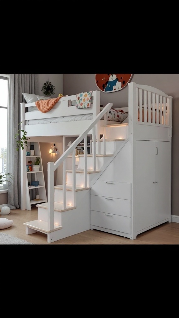 A cozy room featuring a loft bed with stairs and a workspace underneath.