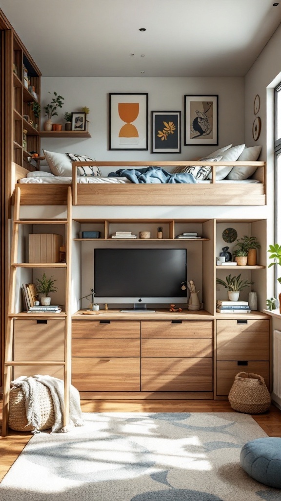 Cozy loft bed in a small room with a TV stand and decorative plants.