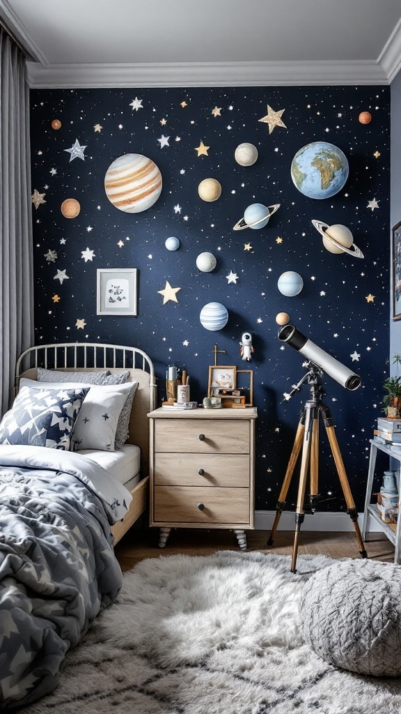 A cozy boy's bedroom with space-themed decor, featuring stars, planets, and a telescope.