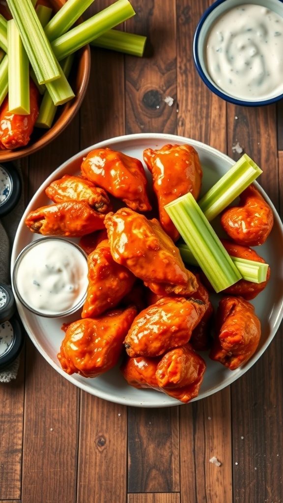 Spicy buffalo chicken wings served with celery sticks and dipping sauce