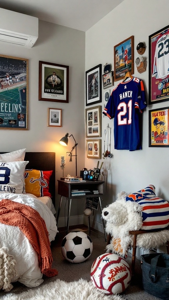 A boy's bedroom decorated with sports jerseys and memorabilia, showcasing a sports fanatic theme.