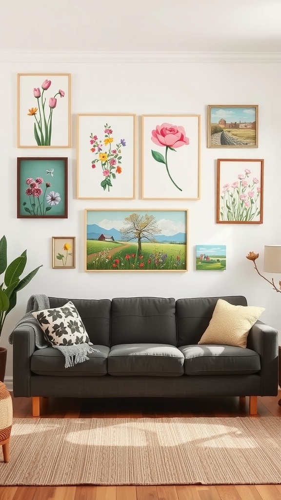 A cozy living room featuring a variety of spring-inspired floral wall art above a gray sofa.