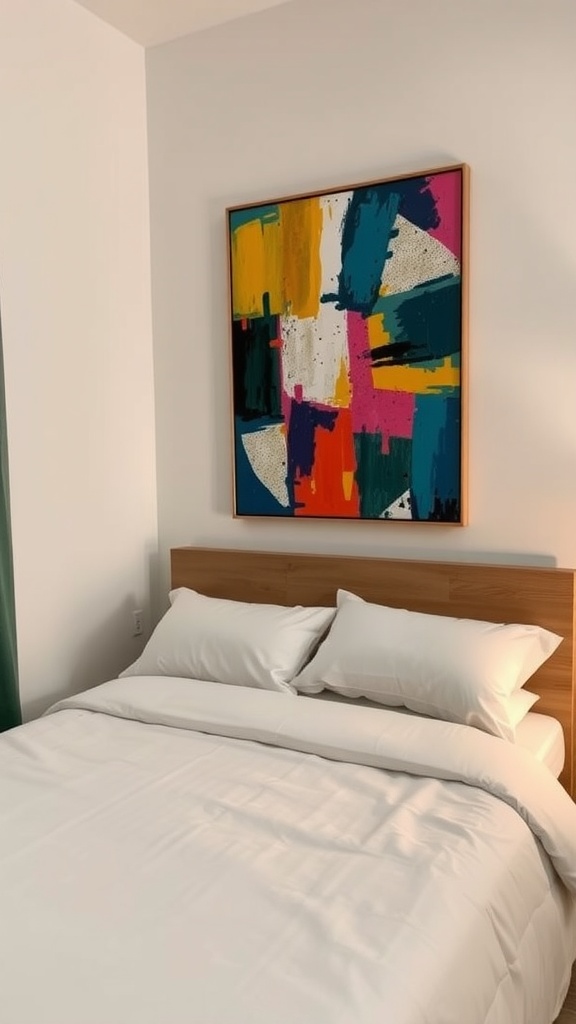 A colorful statement art piece with bold text displayed above a bed in a small bedroom.