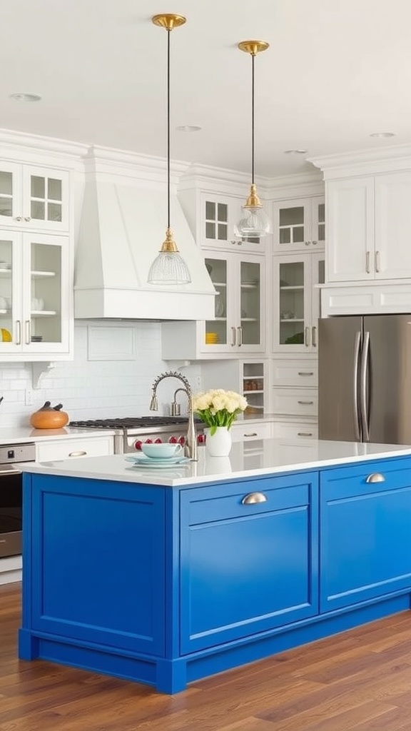 A blue kitchen island in a white kitchen with modern fixtures and wooden flooring.