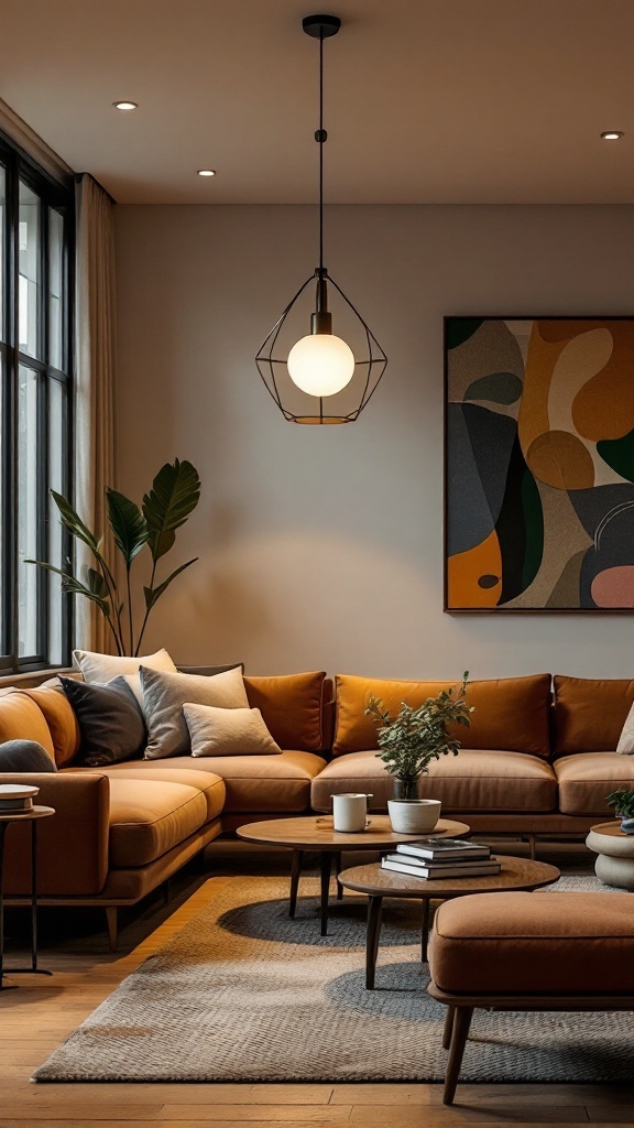 A cozy Boho Mid-Century Modern living room featuring bold pendant lighting and warm accents.