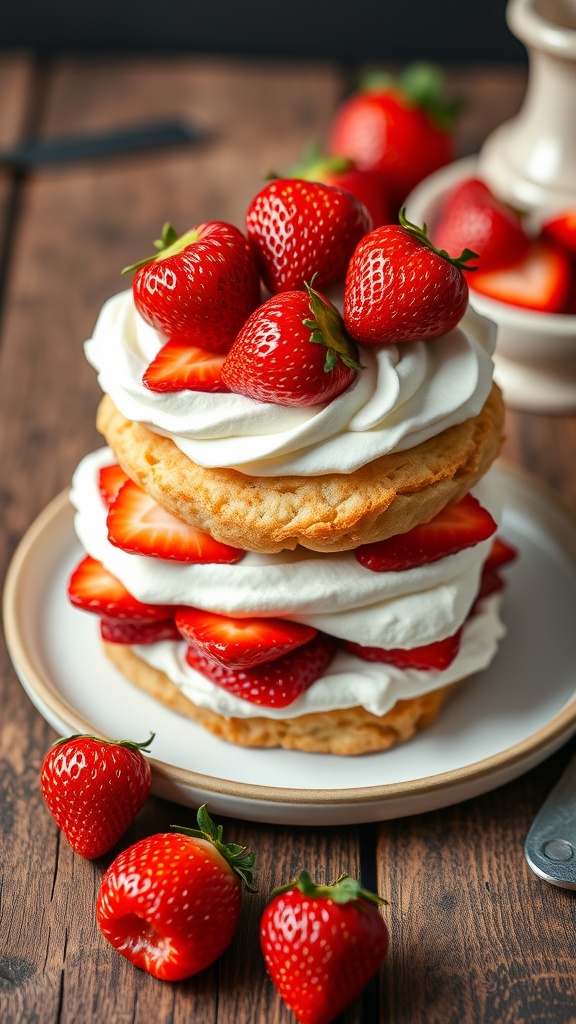 A delicious strawberry shortcake with layers of cake, strawberries, and whipped cream.