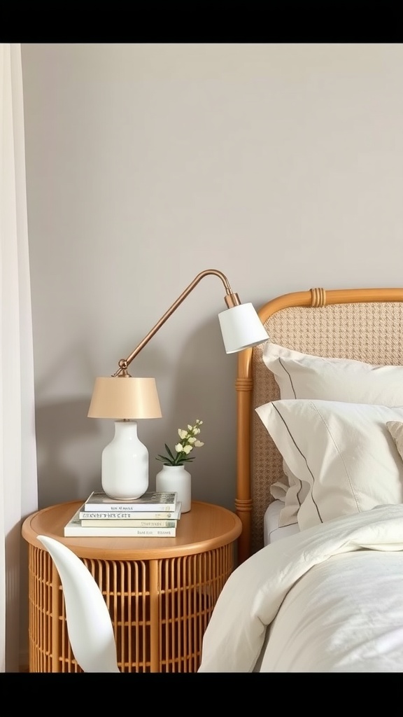 Cozy bedroom with a stylish bedside table featuring a lamp, vase, and books.