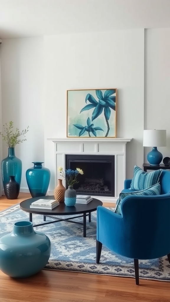 A stylish blue boho living room featuring blue vases, a coffee table, and artwork with palm leaves.