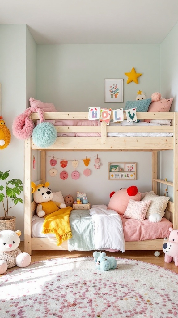 Stylish loft bed for kids with playful decor and cozy bedding