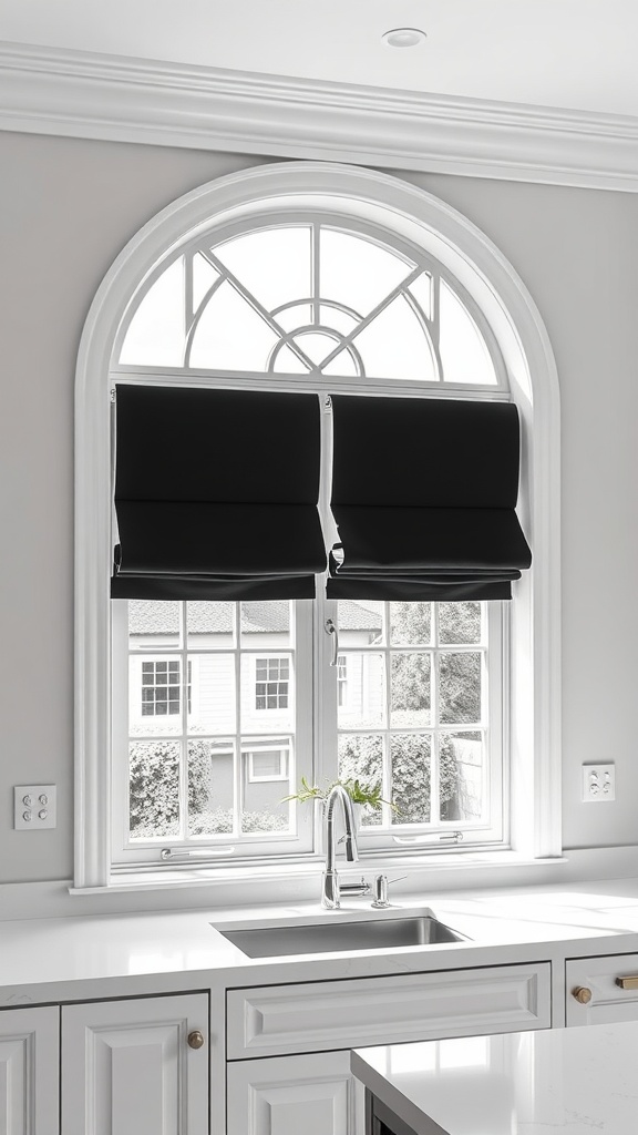 A modern kitchen with black Roman shades on white windows