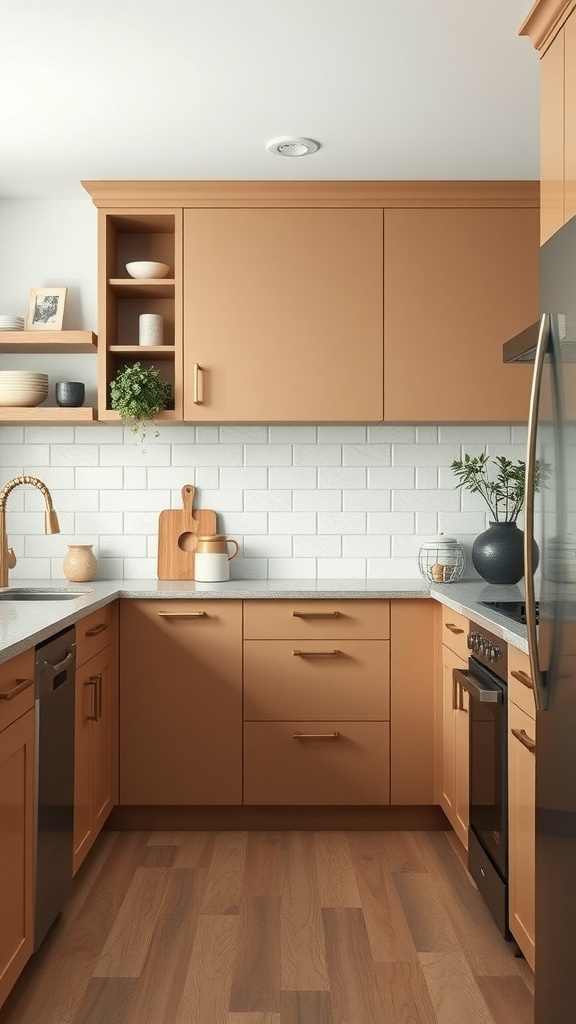 A beige kitchen with coffee cream cabinets, white subway tile backsplash, and wooden flooring, featuring gold hardware and open shelving.