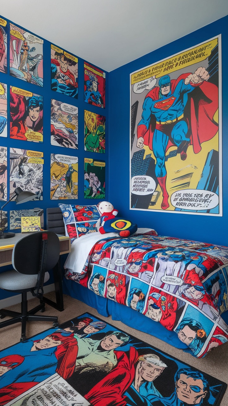 A colorful superhero-themed bedroom featuring comic book decor and themed bedding.